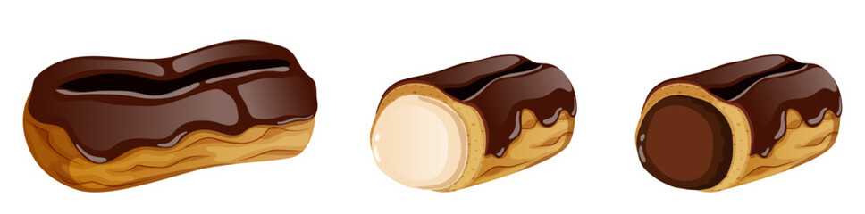 Chocolate Eclair Set with Whole and Bitten Pastries. Chiboust and Chocolate Cream Fillings. French Dessert Cartoon Illustration