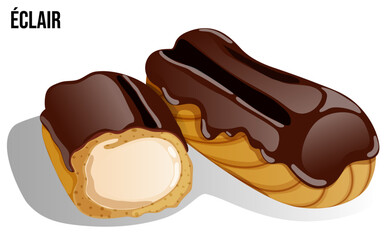 French Choux Pastry Bitten and Whole. Éclair with Chocolate Glaze and Chiboust Cream Filling. Isolated Sweet Illustration