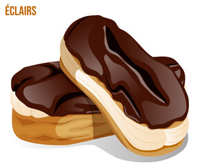 Stacked Eclairs Isolated Graphic. French Choux Pastry with Chocolate Glaze and Chiboust Cream Filling