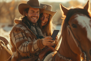 A joyful couple embraces modern era as they capture a delightful moment on horseback, using their smartphone to take a selfie; their radiant smiles and warm sunlight create a picturesque scene, epitom