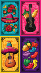 Cinco de Mayo celebration poster set featuring sombreros and festive icons