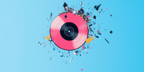 Exploding Pink Vinyl Record on Light Blue: Shattered Music, Sound Concept