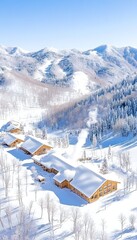 Snow-covered mountain lodges nestled in a winter wonderland, offering stunning views of pristine slopes