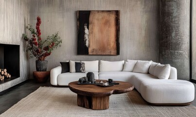 Stylish living room with white sofas and abstract art. AI generated illustration.