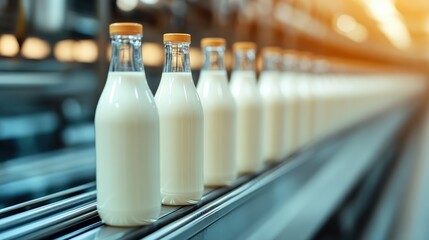 A neat and organized assembly of milk bottles on a conveyor belt, showcasing a modern dairy production line with clarity and focus, highlighting milk's freshness.