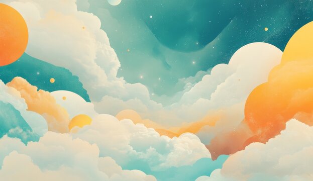 Floating clouds, celestial bodies, dreamy landscape