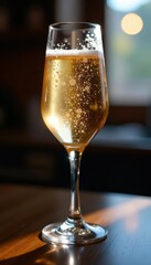 Full glass of champagne, condensation, light reflecting, full, ice