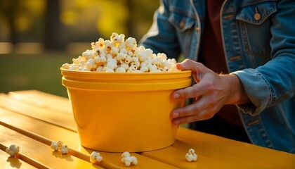 Partial view of a young man with fair skin wearing a white tank top, taking handfuls of cheesy popcorn from a plastic yellow bowl, set against a vibrant yellow backdrop, high-key lighting.