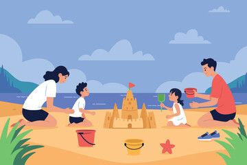 Family building sandcastles on beach during sunny day