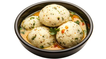 Traditional South Indian cuisine - Idli sambhar with coconut chutney on white background