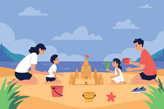 Family building sandcastles on beach during sunny day