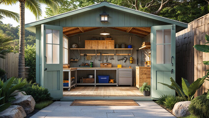 Stylish garden shed workshop with tools organization and natural light