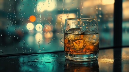Glass of whiskey with ice on wet table by rainy window at night