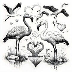 Obraz premium Romantic Flamingo Couple with Swans and Cranes in Monochrome