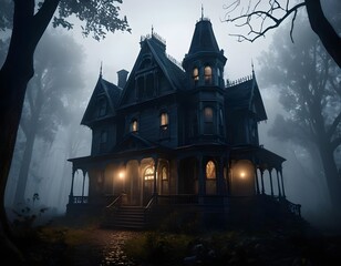 Mysterious Victorian Mansion in Foggy Woods