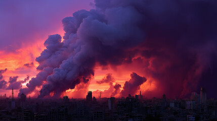 Obraz premium Dramatic scene of black smoke rising from a city as the sun sets, illustrating destruction, war, and environmental catastrophe.