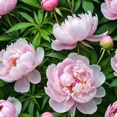 Pink Peonies Blooming in Lush Green Foliage