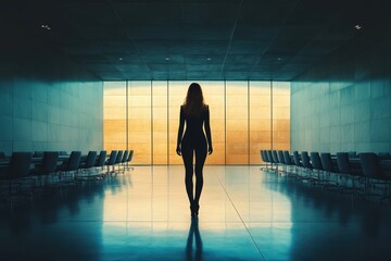 Obraz premium Woman silhouetted walking towards sunset in a modern glass building cool tones reflective floor