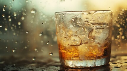 Cold beverage glass with ice on wet surface during rainy sunset