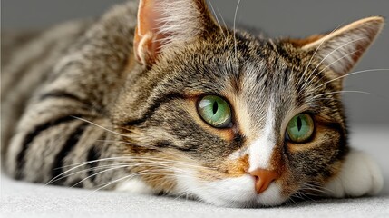 Cat laying down calmly, neutral background