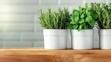 Three pots filled with fresh herbs: rosemary, mint, and thyme, elegantly arranged, creating a soothing and fragrant display ideal for culinary use or decor.