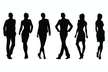 Vector silhouettes of men and a women, a group of standing business people, black color isolated on white background