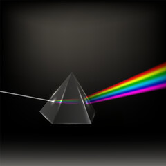 Vector Transparent Prism. Colorful Light Rays. Ray Rainbow Spectrum Dispersion. Optical Effect in Triangle Glass. Educational Physics Refraction. Laser Show.