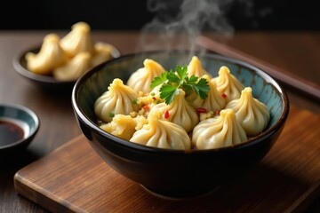 Steaming bowl of dumplings, chopsticks, ginger, soy sauce, appetizer, minimal, white background