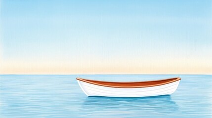 Naklejka premium Emotion conflict inner mental. A small white rowboat floats alone on calm blue water under a clear sky, creating a peaceful and serene scene.