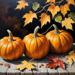 Autumn Still Life Three Pumpkins with Fall Leaves