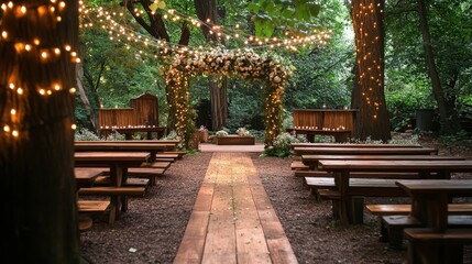 Obraz premium magical forest wedding venue with wooden benches, fairy lights hanging from trees, and a floral arch