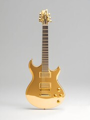A gleaming gold electric guitar,  fully-bodied with a sleek, modern design, stands against a neutral backdrop