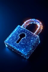 A glowing blue, polygonal padlock, digitally rendered, symbolizes security and privacy