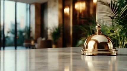 A striking gold hotel bell sits on a marble table, with an upscale lounge in the background, emphasizing luxury, sophistication, and top-notch customer service in hospitality industries.