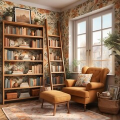 Cozy Reading Nook with Floral Wallpaper and Wooden Bookcases