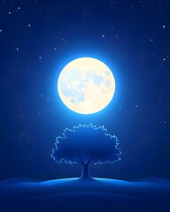 A lone tree silhouetted against a large, bright full moon and a starlit night sky