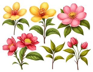 Collection of Yellow and Pink Flowers with Green Leaves
