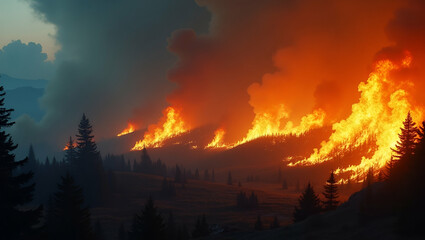 Visualizing Economic Instability: Market Crash Overlaid on Wildfire Destruction - A Powerful Photo Stock Concept Highlighting Climate Change's Impact on Financial Markets with Space for Text