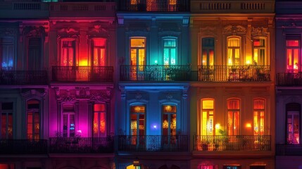 Vibrant illuminated building facades at night, showcasing colorful lights in windows.