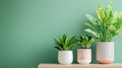 Fototapeta premium Trio of stylish potted houseplants set against a muted green wall