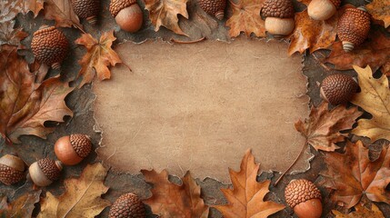 Autumn background with scattered brown oak leaves and acorns surrounding a blank rustic parchment paper for seasonal, Thanksgiving, or fall themed design