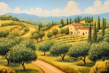 Obraz premium Beautiful lush landscape with rolling hills and olive trees in Tuscany during a sunny day