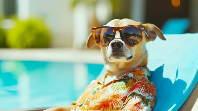 A dog in a Hawaiian shirt and sunglasses is relaxing on a deck chair by the pool