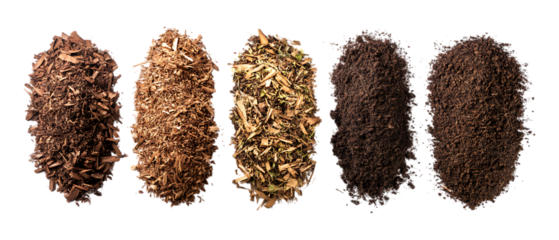 Pack of Mulch in Five Different Poses Against Transparent Background for Gardening Branding, Landscaping Promotion, or Soil Design Projects