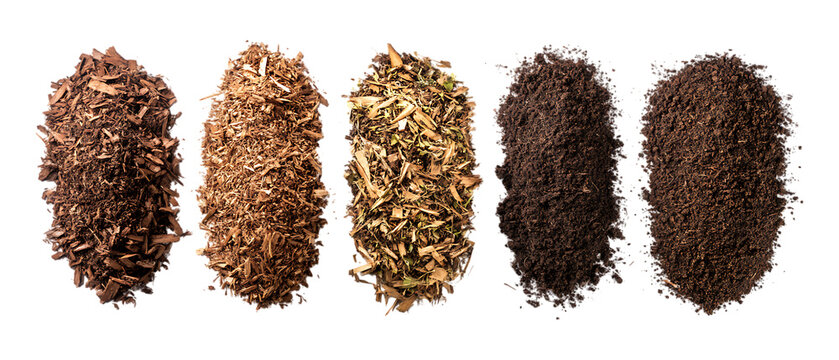 Pack of Mulch in Five Different Poses Against Transparent Background for Gardening Branding, Landscaping Promotion, or Soil Design Projects