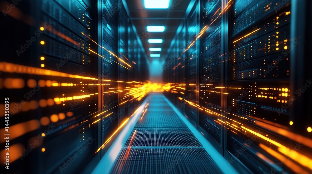 Poster a modern data center with illuminated cables and rapid data streams flowing between powerful servers