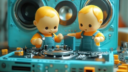 Cute toy figures as dj with turntable and speakers in playful setting