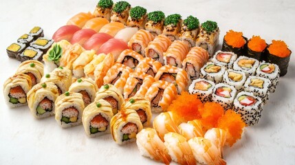 Japanese food catering: sushi, prawn rolls.