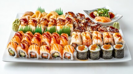 Japanese catering: sushi & prawn rolls on stone.