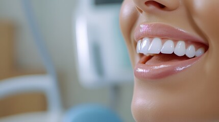 Obraz premium Bright smile showcased during dental appointment at modern clinic with professional staff attending to patient